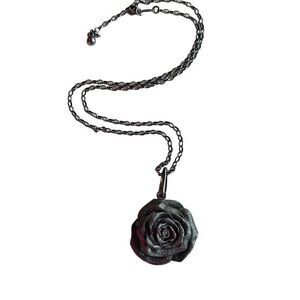 New Black Floral Rose Blooming Petal 925 Italy Black Chain Necklace 20” Rose Bud
